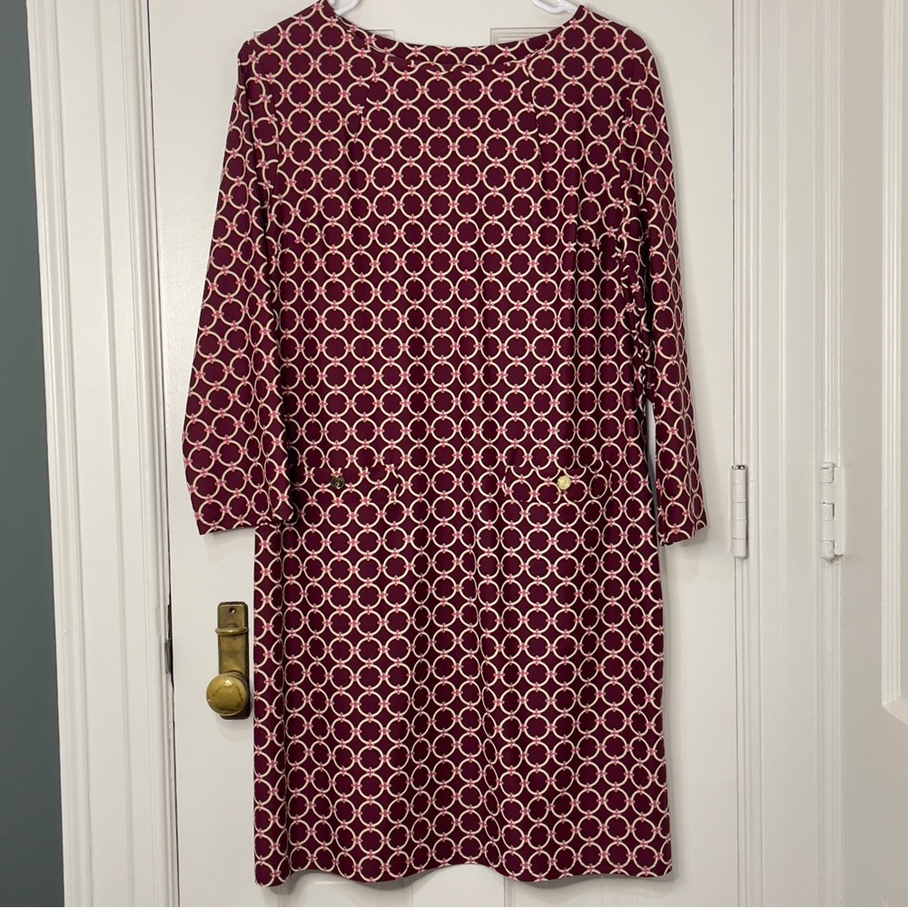 NWOT Jude Connally Maroon Geometric Print Nylon Spandex Dress Size Large
